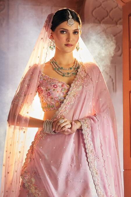 Shop_Aariyana Couture_Pink Silk Organza, Viscose, Net Gardens Of Palace Bridal Lehenga Set