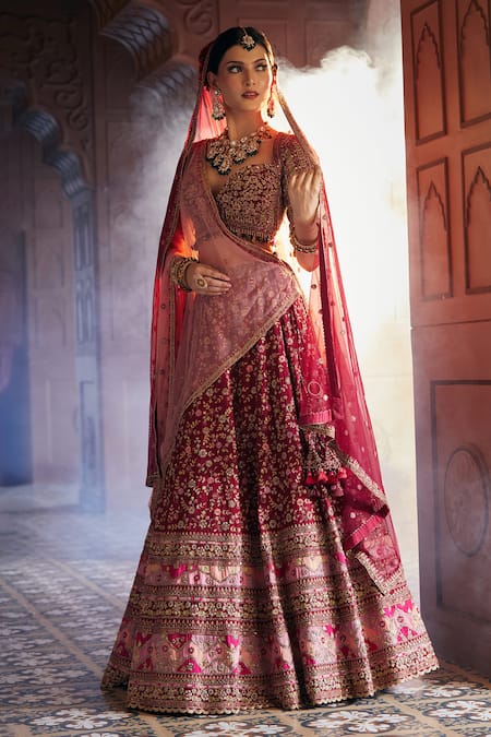 Buy_Aariyana Couture_Maroon Bamboo, Silk, Net Sequins, Zari, Zardozi Floral Bridal Lehenga Set _Online_at_Aza_Fashions