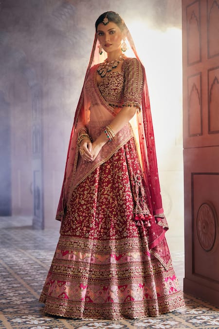 Shop_Aariyana Couture_Maroon Bamboo, Silk, Net Sequins, Zari, Zardozi Floral Bridal Lehenga Set _Online_at_Aza_Fashions