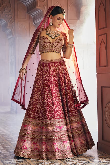 Buy_Aariyana Couture_Maroon Bamboo, Silk, Net Sequins, Zari, Zardozi Floral Bridal Lehenga Set 