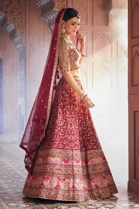 Shop_Aariyana Couture_Maroon Bamboo, Silk, Net Sequins, Zari, Zardozi Floral Bridal Lehenga Set 