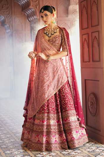 Shop_Aariyana Couture_Maroon Bamboo, Silk, Net Sequins, Zari, Zardozi Floral Bridal Lehenga Set