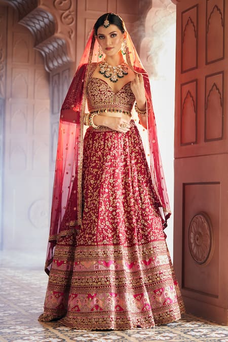 Aariyana Couture Maroon Lehenga And Blouse Bamber Silk Embroidered Floral Zardozi Bridal Set 