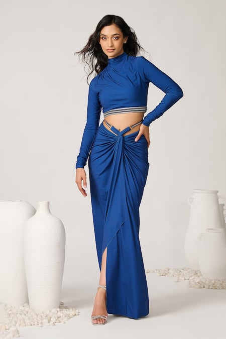 Shop_S&N By Shantnu Nikhil_Blue Polyester Embroidery Round Neck Geometric Print Crop Top _Online_at_Aza_Fashions