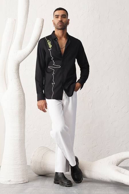 Shop_Seven_Black Cotton Embroidery Heart Beat Shirt_Online_at_Aza_Fashions