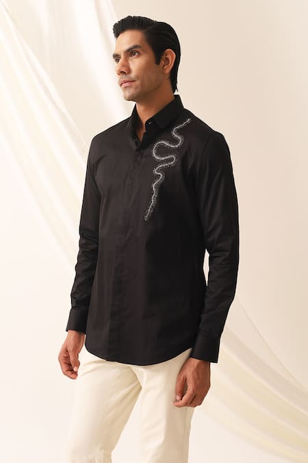 Seven Black Cotton Embroidered Serpent Motif Shirt 