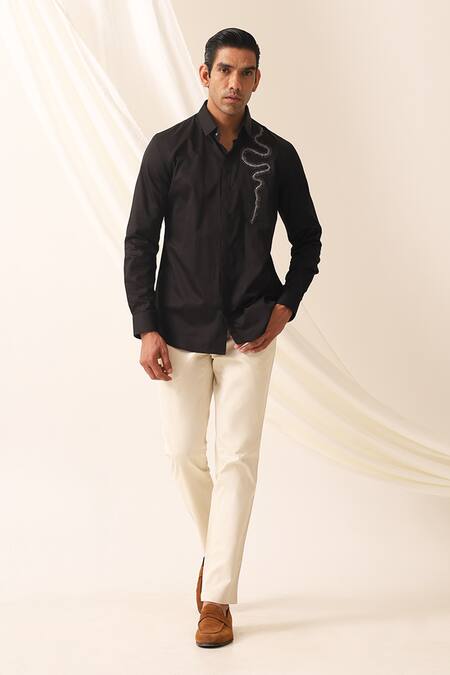 Seven_Black Cotton Embroidery Serpent Motif Shirt_at_Aza_Fashions