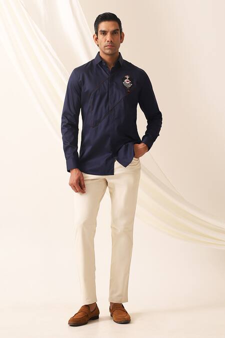 Shop Seven Blue Cotton Embroidery Robin Motif Shirt Online at Aza Fashions Shop_Seven_Blue Cotton Embroidery Robin Motif Shirt_Online_at_Aza_Fashions