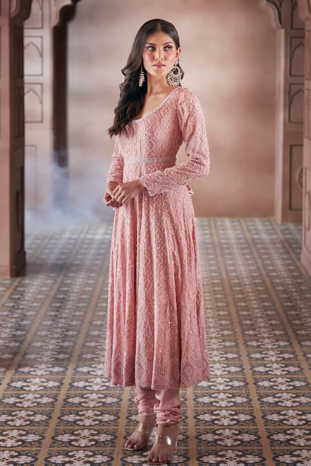 Buy_Aariyana Couture_Peach Georgette, Modal, Net, Satin Pearls, Sequins, Cut Embroidered Anarkali Set _Online_at_Aza_Fashions