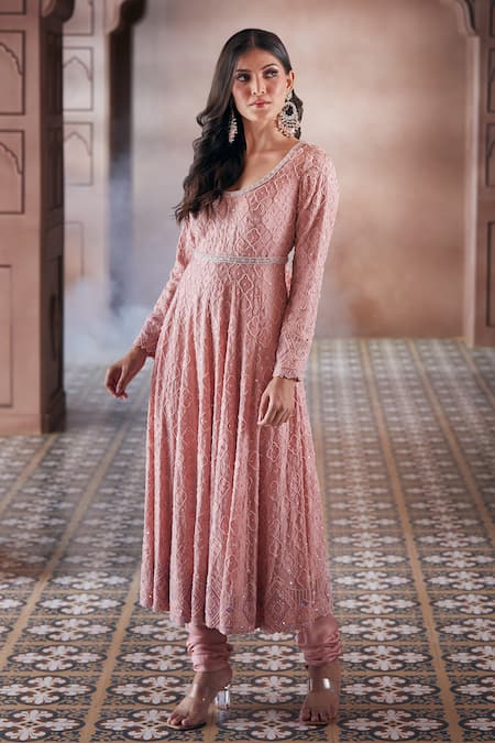 Shop_Aariyana Couture_Peach Georgette, Modal, Net, Satin Pearls, Sequins, Cut Embroidered Anarkali Set _Online_at_Aza_Fashions
