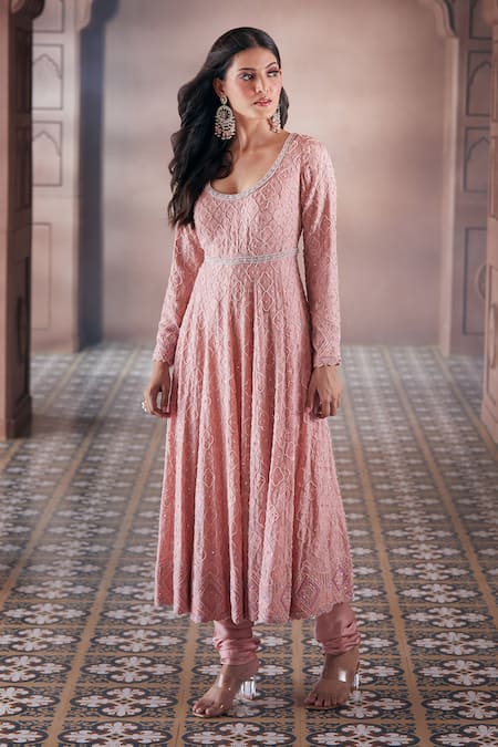 Aariyana Couture_Peach Georgette, Modal, Net, Satin Pearls, Sequins, Cut Embroidered Anarkali Set _at_Aza_Fashions
