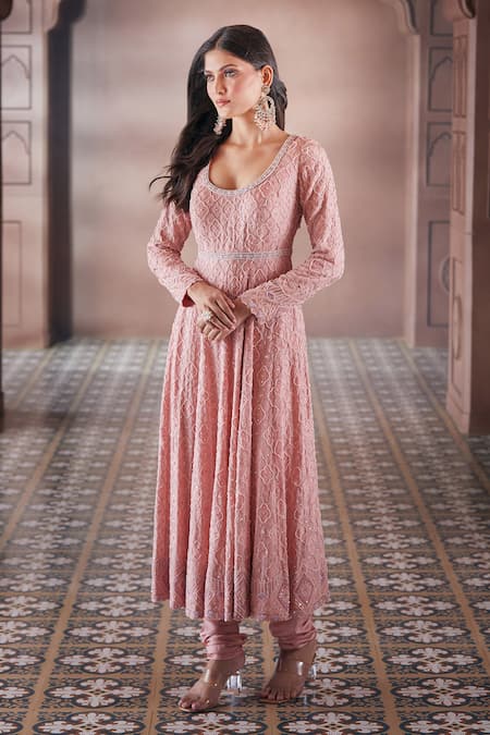 Buy_Aariyana Couture_Peach Georgette, Modal, Net, Satin Pearls, Sequins, Cut Embroidered Anarkali Set 