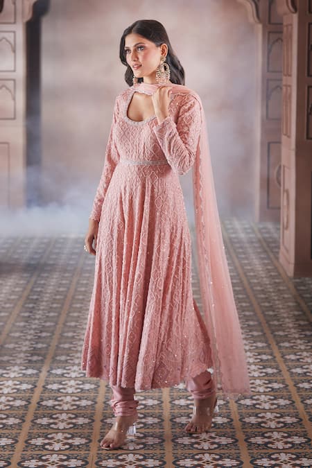 Shop_Aariyana Couture_Peach Georgette, Modal, Net, Satin Pearls, Sequins, Cut Embroidered Anarkali Set 