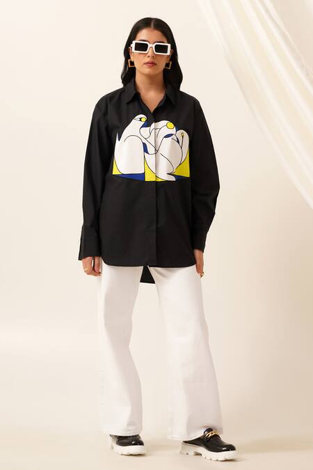 Shop_Seven_Black Cotton, Poplin Collared Graphite Print Asymmetric Shirt_Online_at_Aza_Fashions