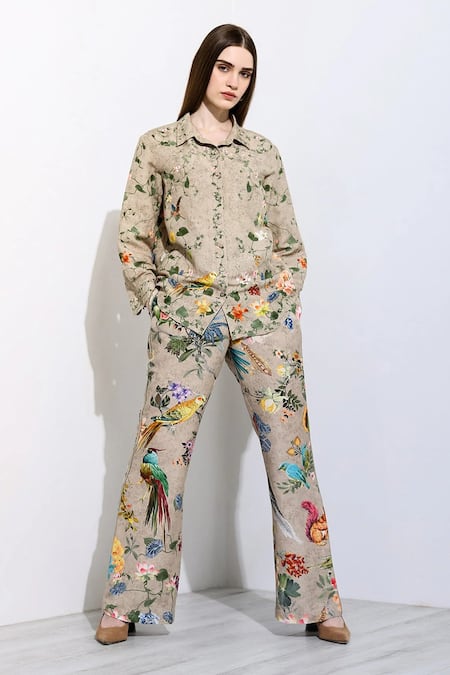 RANNA GILL Beige Linen Blend Printed Montana Ilina Boot Legged Pant 