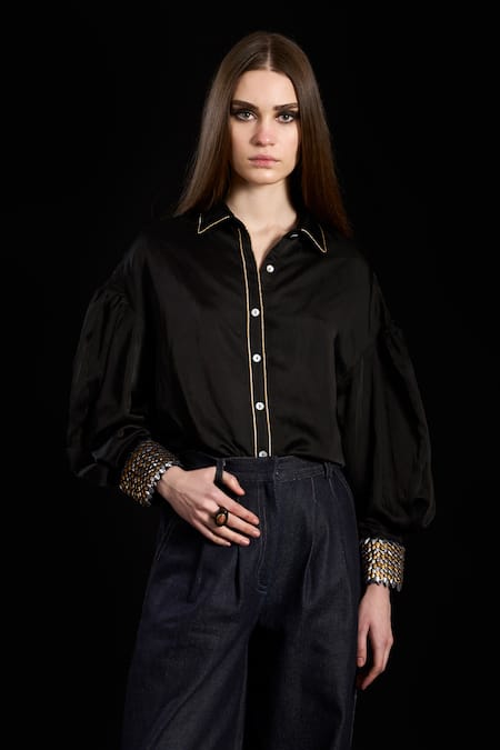 Rara Avis Black Cotton Embroidered Dabka Collared Drop Shoulder Cuff Shirt 