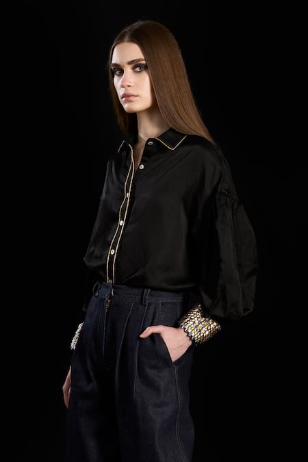 Rara Avis_Black Cotton Embroidered Dabka Collared Drop Shoulder Cuff Shirt _Online_at_Aza_Fashions