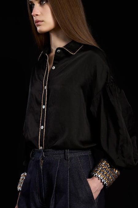 Buy_Rara Avis_Black Cotton Embroidered Dabka Collared Drop Shoulder Cuff Shirt _Online_at_Aza_Fashions