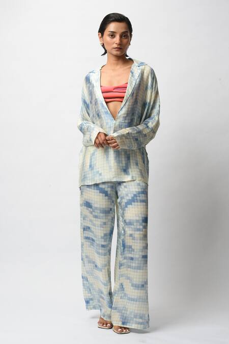 Forty Four White Satin Scoop Neck, Collared Mosaic Digital Print Shirt And Pant Set at Aza Fashions Forty Four_White Satin Scoop Neck, Collared Mosaic Digital Print Shirt And Pant Set _at_Aza_Fashions