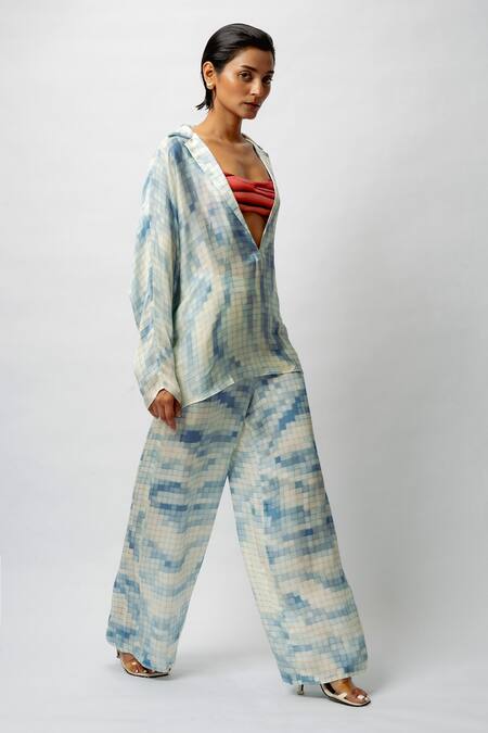 Buy Forty Four White Satin Scoop Neck, Collared Mosaic Digital Print Shirt And Pant Set Buy_Forty Four_White Satin Scoop Neck, Collared Mosaic Digital Print Shirt And Pant Set