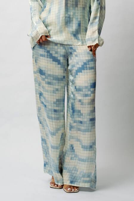 Shop Forty Four White Satin Scoop Neck, Collared Mosaic Digital Print Shirt And Pant Set Shop_Forty Four_White Satin Scoop Neck, Collared Mosaic Digital Print Shirt And Pant Set