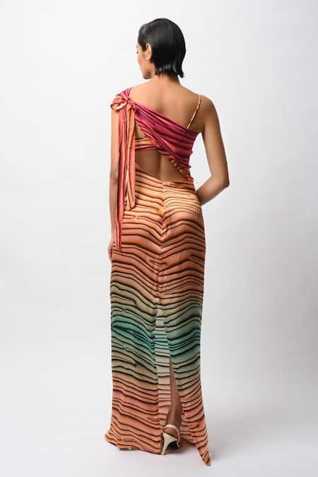 Forty Four Abstract Print Cowl Draped Dress With Bralette 