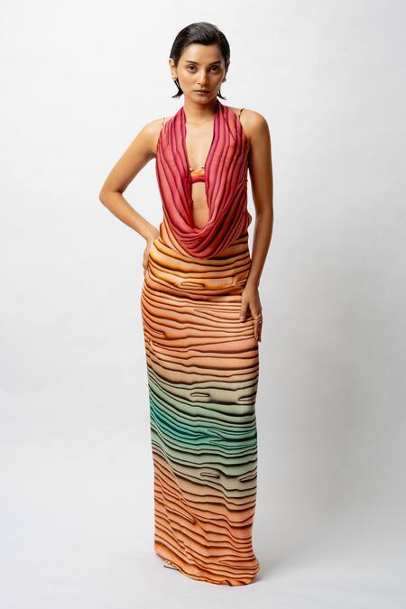 Forty Four_Multi Color Satin Scoop Neck, Abstract Print Cowl Draped Dress With Bralette _Online_at_Aza_Fashions