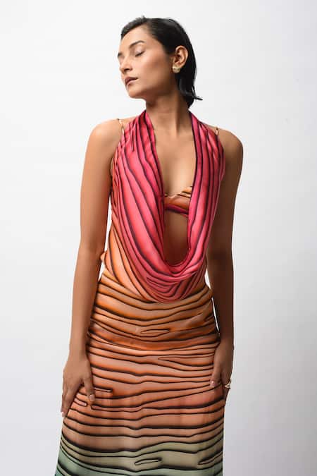 Buy_Forty Four_Multi Color Satin Scoop Neck, Abstract Print Cowl Draped Dress With Bralette _Online_at_Aza_Fashions