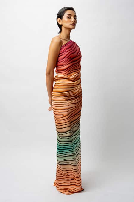 Shop_Forty Four_Multi Color Satin Scoop Neck, Abstract Print Cowl Draped Dress With Bralette _Online_at_Aza_Fashions