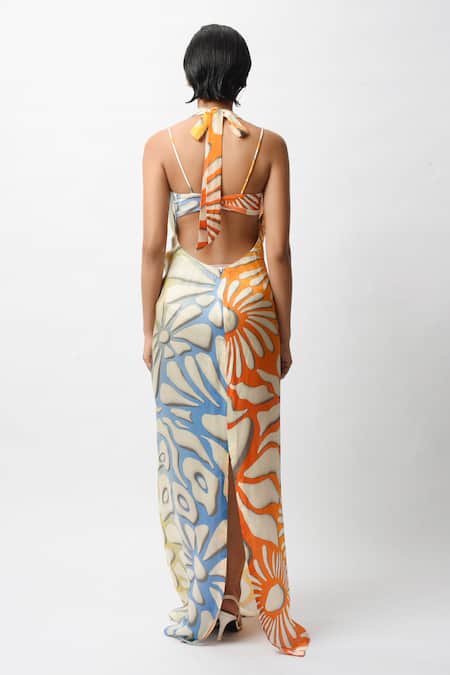 Forty Four Abstract Floral Print Backless Dress With Bralette 