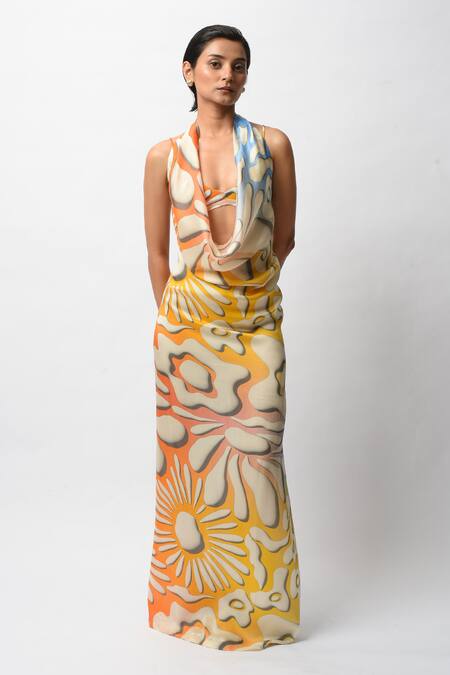 Forty Four_Yellow Satin Embroidery Scoop Abstract Floral Print Backless Dress With Bralette _Online_at_Aza_Fashions