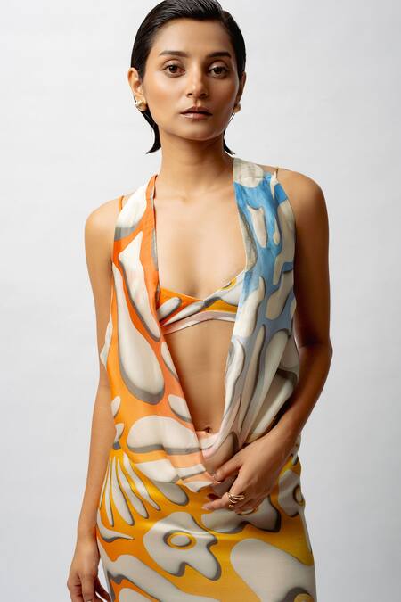 Shop_Forty Four_Yellow Satin Embroidery Scoop Abstract Floral Print Backless Dress With Bralette _Online_at_Aza_Fashions