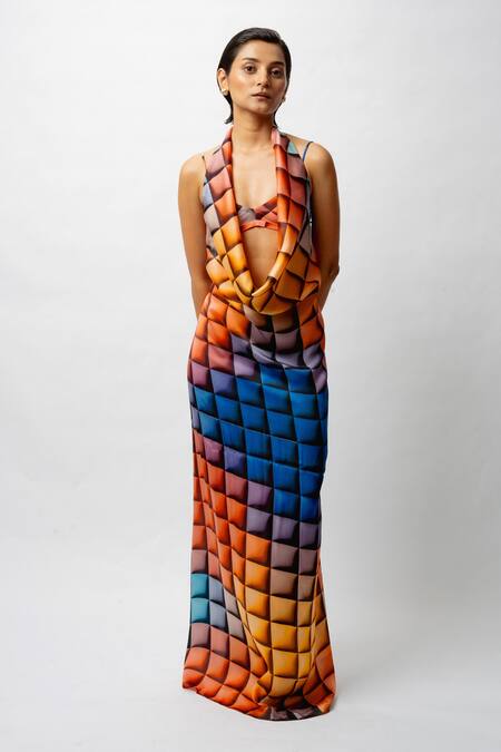 Forty Four_Multi Color Satin Scoop Neck, Geometric Print Backless Dress With Bralette _Online_at_Aza_Fashions