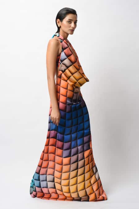 Buy_Forty Four_Multi Color Satin Scoop Neck, Geometric Print Backless Dress With Bralette _Online_at_Aza_Fashions