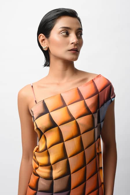 Shop_Forty Four_Multi Color Satin Scoop Neck, Geometric Print Backless Dress With Bralette _Online_at_Aza_Fashions