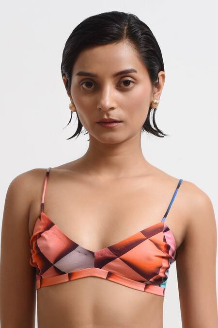 Forty Four_Multi Color Satin Scoop Neck, Geometric Print Backless Dress With Bralette _at_Aza_Fashions