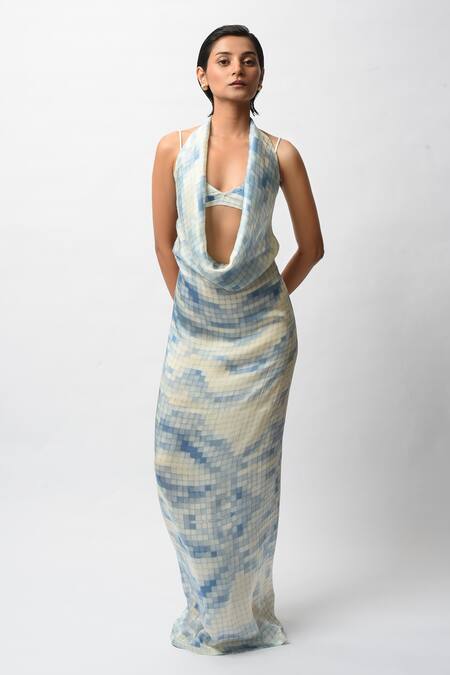 Forty Four_White Satin Scoop , Halter Mosaic Print Backless Dress With Bralette _Online_at_Aza_Fashions