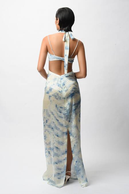 Buy_Forty Four_White Satin Scoop , Halter Mosaic Print Backless Dress With Bralette _Online_at_Aza_Fashions