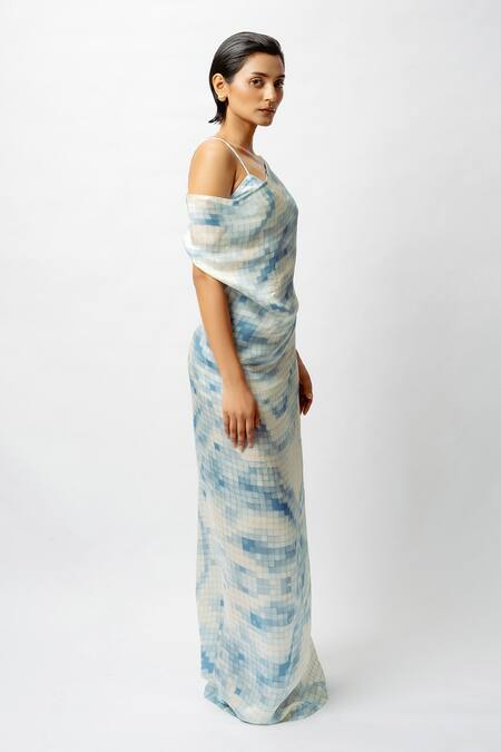 Forty Four_White Satin Scoop , Halter Mosaic Print Backless Dress With Bralette _at_Aza_Fashions