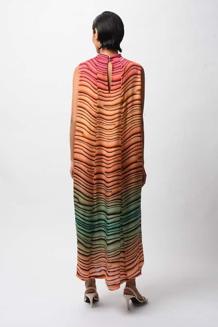 Shop_Forty Four_Multi Color Satin High Neck Abstract Print Dress _at_Aza_Fashions