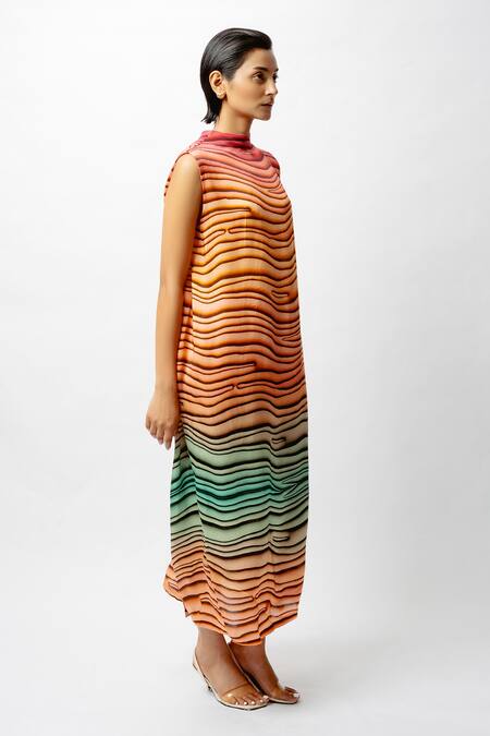 Forty Four Multi Color Satin High Neck Abstract Print Dress Online at Aza Fashions Forty Four_Multi Color Satin High Neck Abstract Print Dress _Online_at_Aza_Fashions