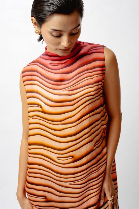 Shop Forty Four Multi Color Satin High Neck Abstract Print Dress Online at Aza Fashions Shop_Forty Four_Multi Color Satin High Neck Abstract Print Dress _Online_at_Aza_Fashions