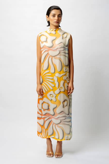 Forty Four_Yellow Satin High Neck Floral Abstract Print Dress _Online_at_Aza_Fashions