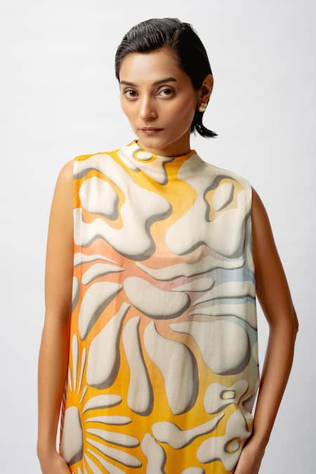 Buy_Forty Four_Yellow Satin High Neck Floral Abstract Print Dress _Online_at_Aza_Fashions