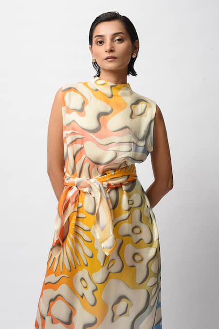 Shop_Forty Four_Yellow Satin High Neck Floral Abstract Print Dress _Online_at_Aza_Fashions