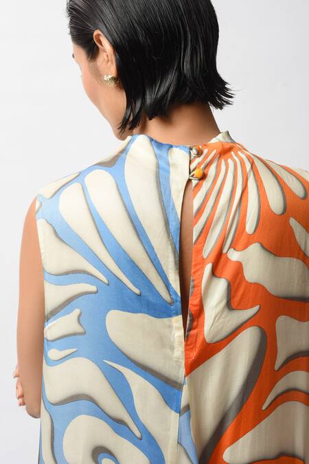 Forty Four_Yellow Satin High Neck Floral Abstract Print Dress _at_Aza_Fashions