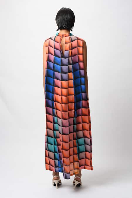 Shop_Forty Four_Multi Color Satin Keyhole Neck Geometric Print High Dress _at_Aza_Fashions