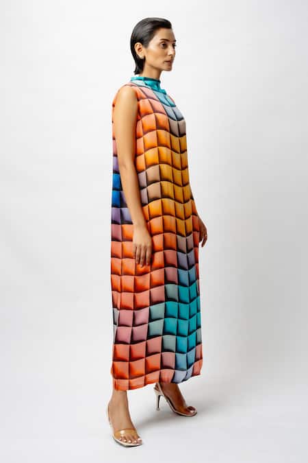Forty Four_Multi Color Satin Keyhole Neck Geometric Print High Dress _Online_at_Aza_Fashions