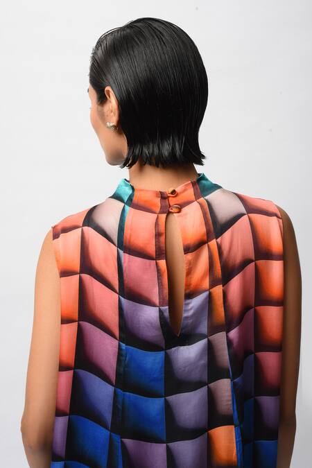 Buy_Forty Four_Multi Color Satin Keyhole Neck Geometric Print High Dress _Online_at_Aza_Fashions