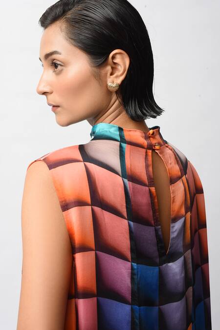 Shop_Forty Four_Multi Color Satin Keyhole Neck Geometric Print High Dress _Online_at_Aza_Fashions
